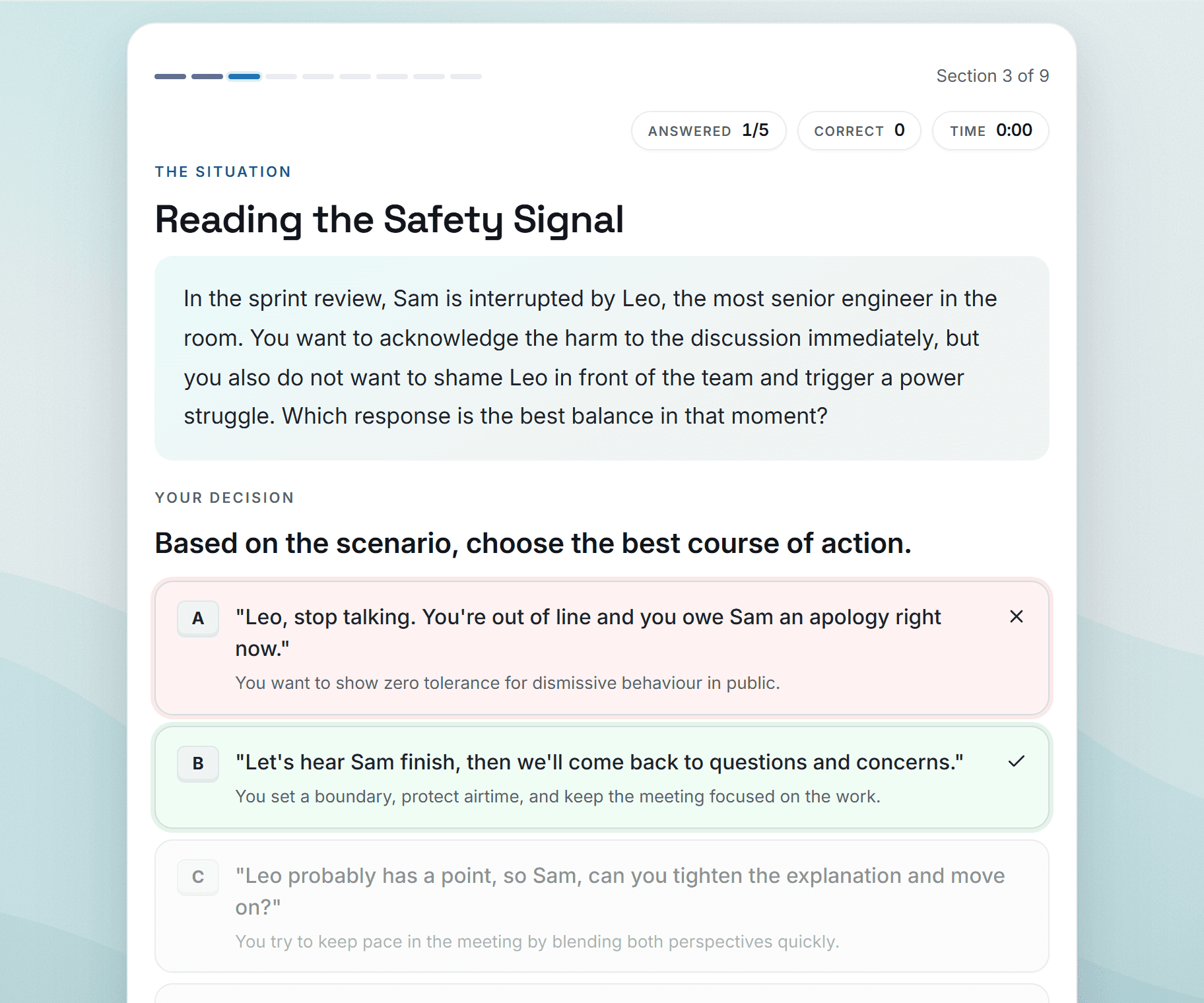 Preview screenshot of the Sprint Review Reset: A Branching Feedback Scenario for First-Time Managers example